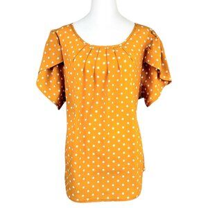 Women's Plus 2X Yellow Polka Dot Flutter Sleeve Blouse - Round Tiered Neckline